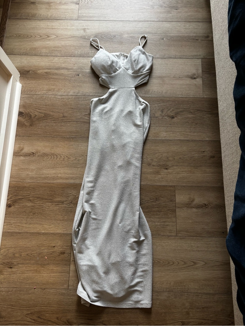 Crystal Doll Silver Cutout Spaghetti-Strap Maxi Dress